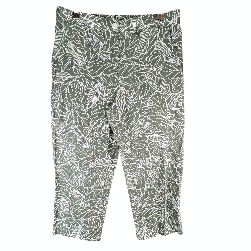 Talbots Crop Capri Pants 10 Green Floral Leaf Linen Cotton High Rise Tropical